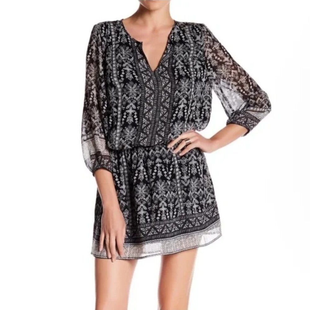 Joie Galene Black White Grey Print 100% Silk Blouson Mini Dress XXS